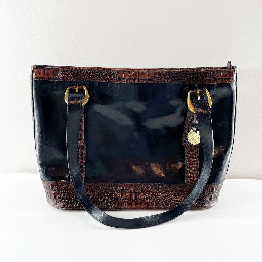 Brahmin Croc Embossed Leather Tote Handbag Purse Black Brown